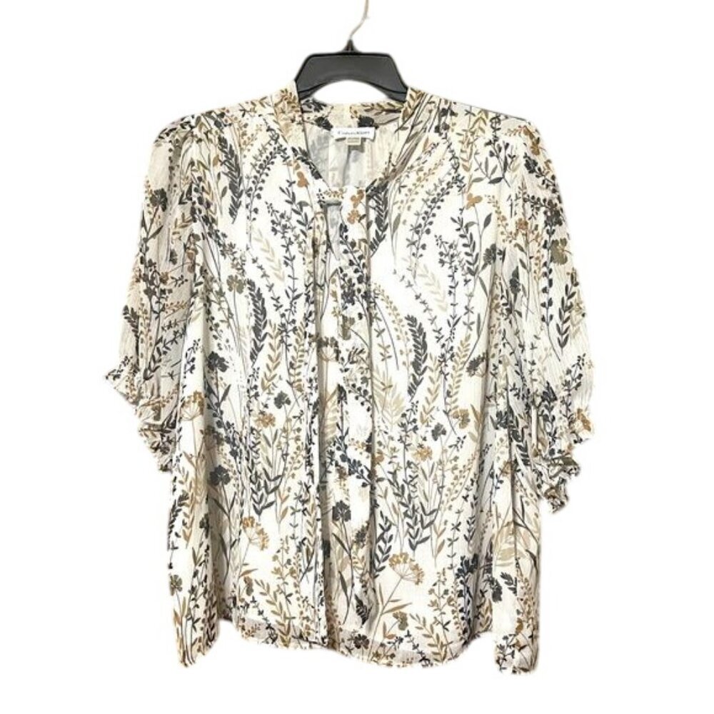 Calvin Klein Neck Tie White Floral Short Sleeve Blouse Lightweight Plus Size 2X